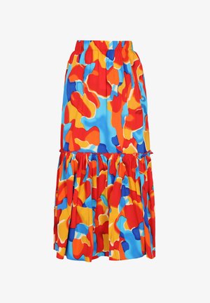 Színes, rétegelt szoknya, élénk absztrakt mintával pirosban, kékben és sárgában. Könnyű anyagból készült, rugalmas derékpánttal.