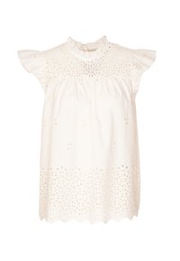 Camicia bianca di cotone con colletto alto, maniche arricciate, dettagli in pizzo e orlo a scallop, con una vestibilità ampia.
