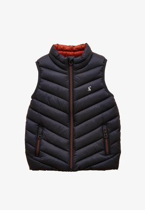 Jūros mėlynos spalvos prisiūtas liemenė be rankovių su raudonu vidiniu pamušalu, priekinė užtrauktukas, dvi užtrauktukais užsegamos šoninės kišenės ir mažas baltos spalvos triušio logotipas ant krūtinės.