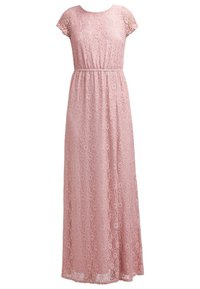 Robe longue en dentelle rose douce avec manches courtes et taille cintrée, présentant un motif floral sur l'ensemble du tissu.