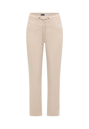 Beige gerade geschnittene Hose mit elastischem Bund und Kordelzug, vorderen Taschen und dezenten Nahtdetails.