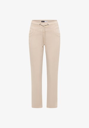 Beige gerade geschnittene Hose mit elastischem Bund und Kordelzug, vorderen Taschen und dezenten Nahtdetails.