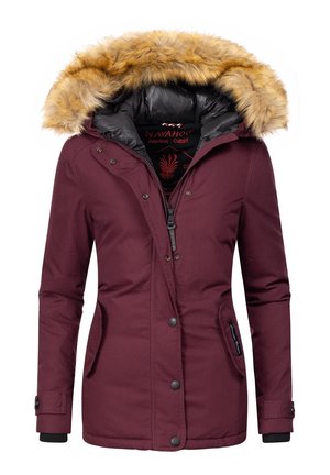 Donkerpaarse winterjas met ritssluiting aan de voorkant, drukknoopsluiting, zakken aan de zijkant en een grote capuchon afgezet met lichtbruin namaakbont.