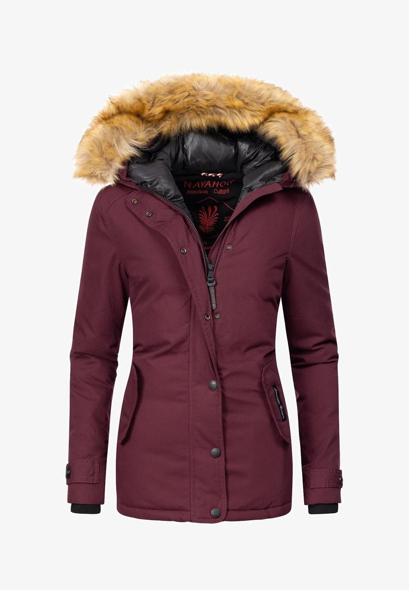 Veste d'hiver violet foncé avec fermeture éclair frontale, boutons-pression, poches latérales et une grande capuche bordée de fausse fourrure marron clair.