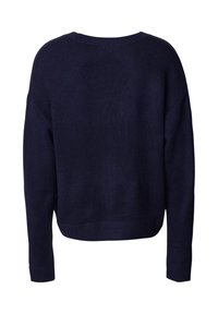 Námořnický modrý pletený svetr s kulatým výstřihem, spadlými rameny a lemem na rukávech. Hladká textura a uvolněný střih.