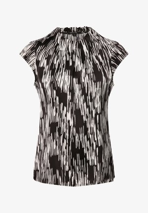 Black and white short-sleeve blouse with a high neckline, featuring a linear pattern resembling brush strokes, made from smooth fabric.