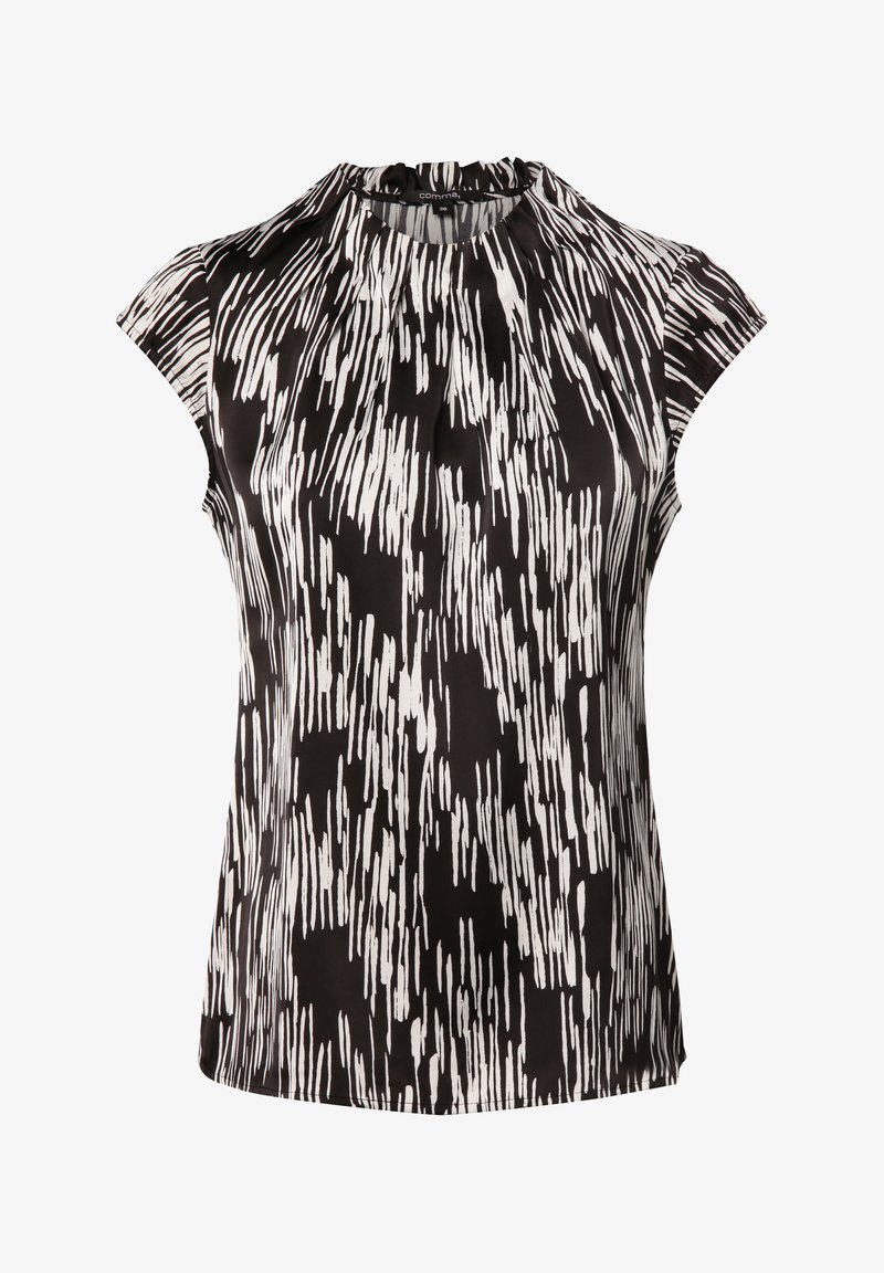 Schwarz-weiße Bluse mit kurzen Ärmeln und hohem Ausschnitt, die ein linienförmiges Muster aufweist, das Pinselstrichen ähnelt, aus glattem Stoff gefertigt.