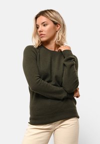 Grön stickad tröja med långa ärmar, ribbade muddar och nederkant, rund halsringning, mjuk textur, bärs med ljusa byxor.