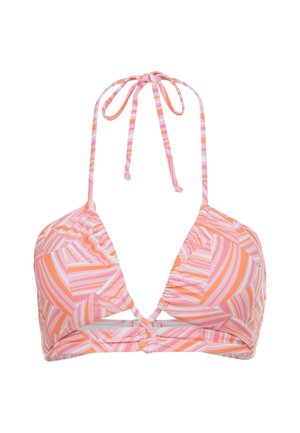 Top bikini a righe rosa e arancione, con coppe triangolari, chiusura al collo con lacci e una texture plissettata con una banda sicura alla base.