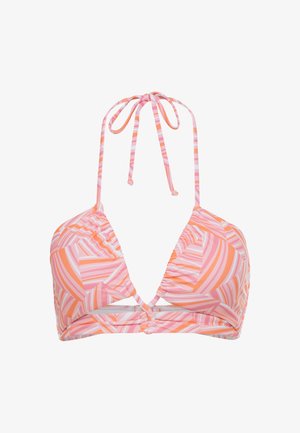 Różowo-pomarańczowy bikini top w paski, z trójkątnymi miseczkami, z wiązaniem na szyi oraz marszczoną teksturą, a także z bezpiecznym pasem u dołu.