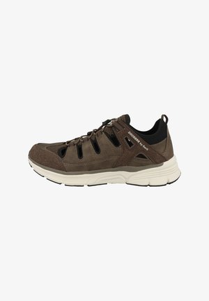 Brown athletic shoes with a textured upper, mesh vents, and lightweight white sole. Features laces and a reinforced heel with branding.
