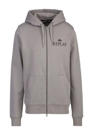 Gray zip-up hoodie with a front pocket, adjustable drawstrings, and a subtle Replay logo on the chest. Smooth fabric and relaxed fit.