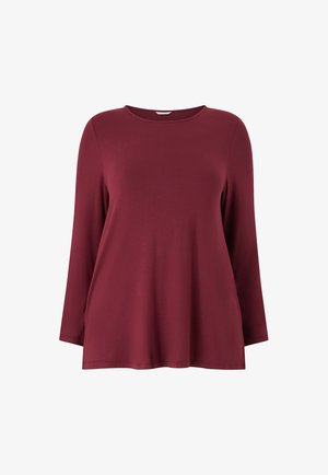 Camiseta de manga larga burdeos fabricada en tela suave. Presenta un escote redondo y un corte relajado con un dobladillo recto. Diseño sencillo, sin estampados ni acentos.