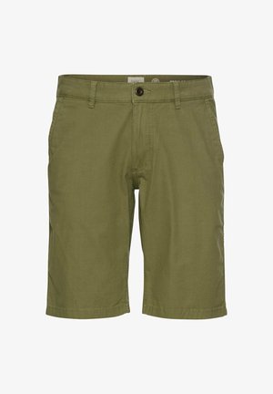 Olivgrüne Shorts aus weichem Baumwollstoff. Verfügt über fünf Taschen, Gürtelschlaufen und einen Knopfverschluss an der Taille. Glatte Textur.