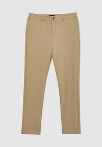 Pantaloni beige realizzati in tessuto morbido e leggero. Presentano una zip, chiusura con bottone, tasche laterali e dettagli di rifinitura pulita.
