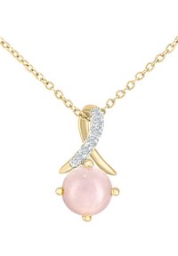 Zelta kaklarota ar rozā dārgakmens kulonu, kuram ir četri kātu, rotāta ar izliekto rindas skaidriem kristāliem virs akmens.