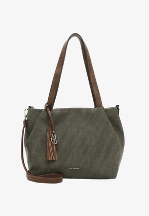 Olivgrüner, strukturiert Stofftasche mit braunen Lederakzenten, verstellbarem Schultergurt und einer Quaste mit einem Metallanhänger.
