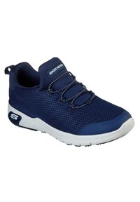 Marineblaue Mesh-Sneaker mit elastischen Schnürsenkeln, weißer Sohle, strukturiertem Design und Skechers-Logo. Verfügt über einen gepolsterten Kragen und eine gepolsterte Innensohle.