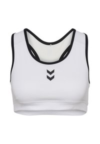 Vit sport-bh med texturerad yta, svart kant och utskärningsdesign på baksidan. Har en svart chevron-logga på framsidan.