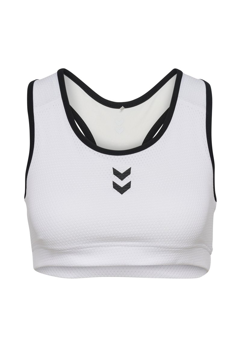 Vit sport-bh med texturerad yta, svart kant och utskärningsdesign på baksidan. Har en svart chevron-logga på framsidan.