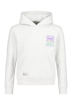 Jasnoszara bluza z kapturem z przednią kieszenią oraz małą, kolorową grafiką gór Montana i tekstem na lewej piersi.
