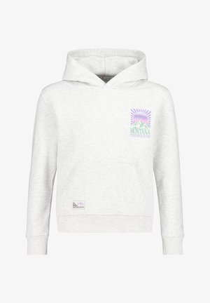 Lichtgrijze hoodie met voorzak en een kleine kleurrijke Montana bergafbeelding en tekst op de linkerborst.