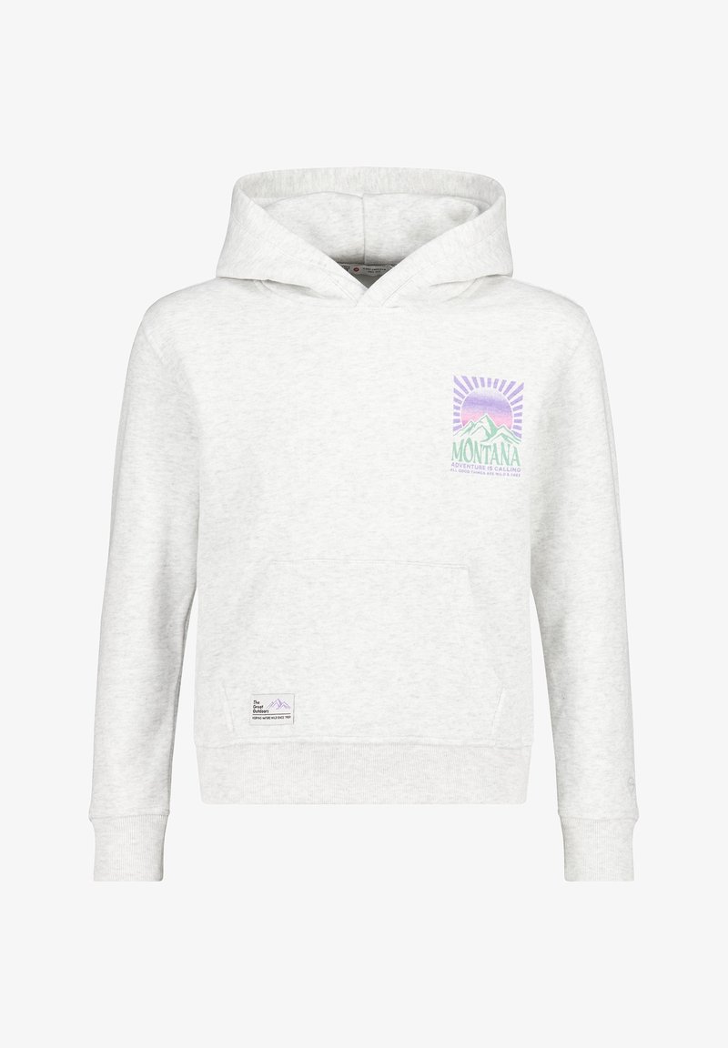 Sweat à capuche gris clair avec poche avant et petit graphique coloré de montagne Montana ainsi que texte sur le côté gauche de la poitrine.