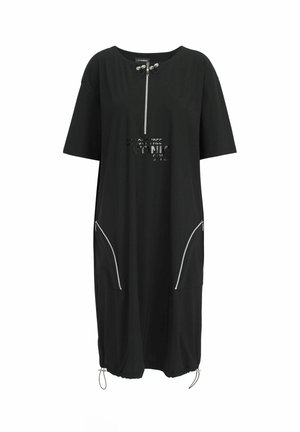 Black knee-length dress with short sleeves, front zipper, two side zip pockets, and adjustable drawstrings at the hem.