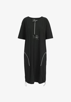 Black knee-length dress with short sleeves, front zipper, two side zip pockets, and adjustable drawstrings at the hem.