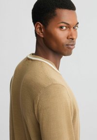 Strickpullover in Hellbraun mit strukturiertem Finish, mit einem runden Halsausschnitt, der weiße und beige Streifen aufweist.