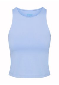 Light blue sleeveless crop top made from stretchy, smooth fabric. Features a classic rounded neckline and fitted silhouette.