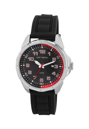 Black dial watch with a silver stainless steel case, red accents, large white Arabic numerals, and a black rubber strap. Features date display.
