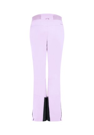 Lila kleurige broek met zwarte binnenenkelpanelen, elastische tailleband, en achteraanzicht op een witte achtergrond.