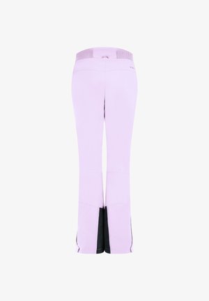 Lila kleurige broek met zwarte binnenenkelpanelen, elastische tailleband, en achteraanzicht op een witte achtergrond.