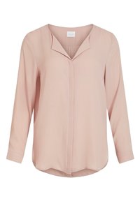 Blusa rosa chiaro a maniche lunghe con scollo a V, chiusura con bottoni e tasche laterali. Realizzata in tessuto liscio, presenta un orlo curvo e una vestibilità comoda.