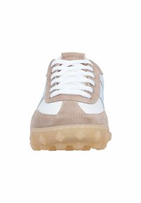Beige suede and white leather sneaker with white laces and a translucent rubber sole featuring textured grip patterns.
