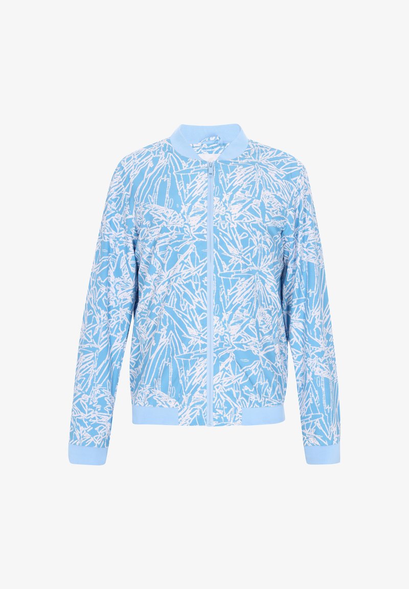 Világoskék, zipzáras dzseki fehér absztrakt mintával, bordázott gallérral és mandzsettával. Puha anyagból készült, laza szabással.