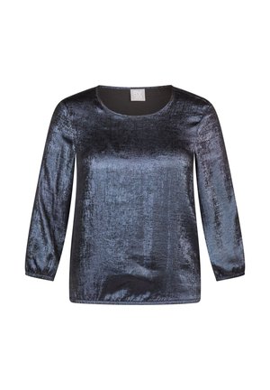 Dunkelmetallblaues Samt-Top mit langen Ärmeln, rundem Halsausschnitt und elastischen Bündchen, auf weißem Hintergrund flach liegend.