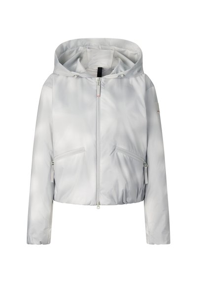 Lichtgrijze gewatteerde jas met capuchon, ritssluiting aan de voorkant en twee zakken met rits, lange mouwen en licht elastische zoom en manchetten.
