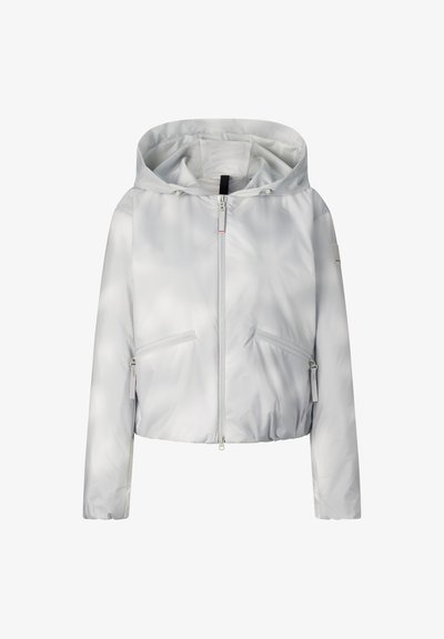 Lichtgrijze gewatteerde jas met capuchon, ritssluiting aan de voorkant en twee zakken met rits, lange mouwen en licht elastische zoom en manchetten.