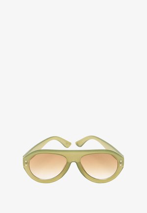 Zielone plastikowe okulary przeciwsłoneczne z okrągłą oprawką, z jasnobrzoskwiniowymi gradientowymi soczewkami, gładką fakturą i subtelnymi detalami na zausznikach.