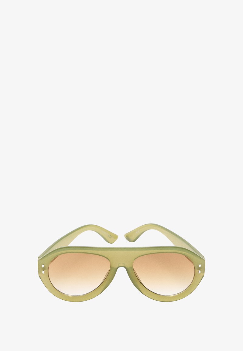 Zielone plastikowe okulary przeciwsłoneczne z okrągłą oprawką, z jasnobrzoskwiniowymi gradientowymi soczewkami, gładką fakturą i subtelnymi detalami na zausznikach.