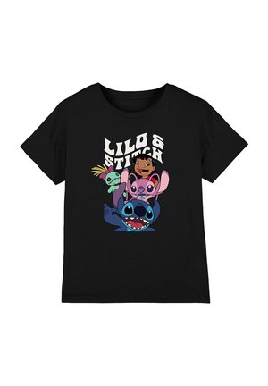 Schwarzes Baumwoll-T-Shirt mit einem bunten Grafikmotiv von Lilo, Stitch und anderen Charakteren. Der Text lautet "LILO & STITCH" in fetten weißen Buchstaben.