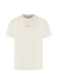 Korte mouwen crèmekleurig T-shirt van katoen, met een ronde hals en de tekst "PURE PATH" in donkere letters op de voorkant.