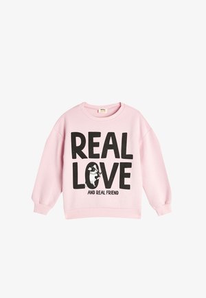 Roze katoenen sweatshirt met een ronde hals, verlaagde schouders, gedurfde zwarte tekst met de opdruk "ECHTE LIEFDE" en een afbeelding van een hond, met ribgebreide mouwen en zoom.