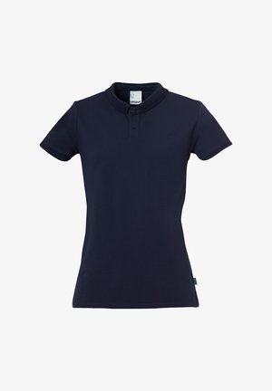 Navyblauwe poloshirt van gladde stof. Heeft een platte kraag, een knoopsluiting met twee knopen en korte mouwen. Schoon, eenvoudig ontwerp.