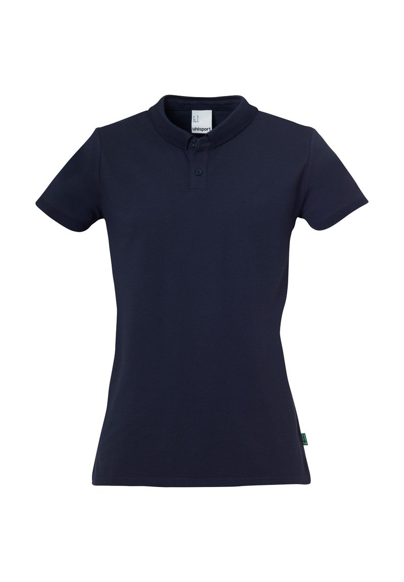 Navyblauwe poloshirt van gladde stof. Heeft een platte kraag, een knoopsluiting met twee knopen en korte mouwen. Schoon, eenvoudig ontwerp.