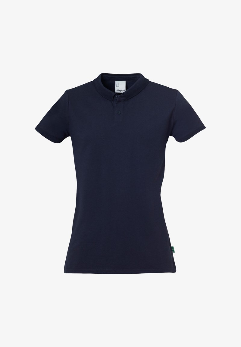 Navyblauwe poloshirt van gladde stof. Heeft een platte kraag, een knoopsluiting met twee knopen en korte mouwen. Schoon, eenvoudig ontwerp.