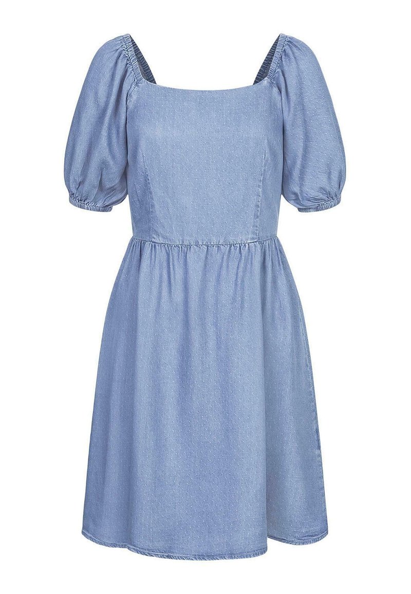 Svetlomodré denimové šaty so štvorcovým výstrihom, vypchávkovanými krátkymi rukávmi, zbiehajúcim pásom a rozšírenou sukňou, s jemnou štruktúrou.