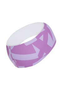 Fialová čelenka vyrobená z hladkej, elastickej látky, s geometrickým vzorom svetlejších fialových šípok a bielou vnútornou podšívkou.